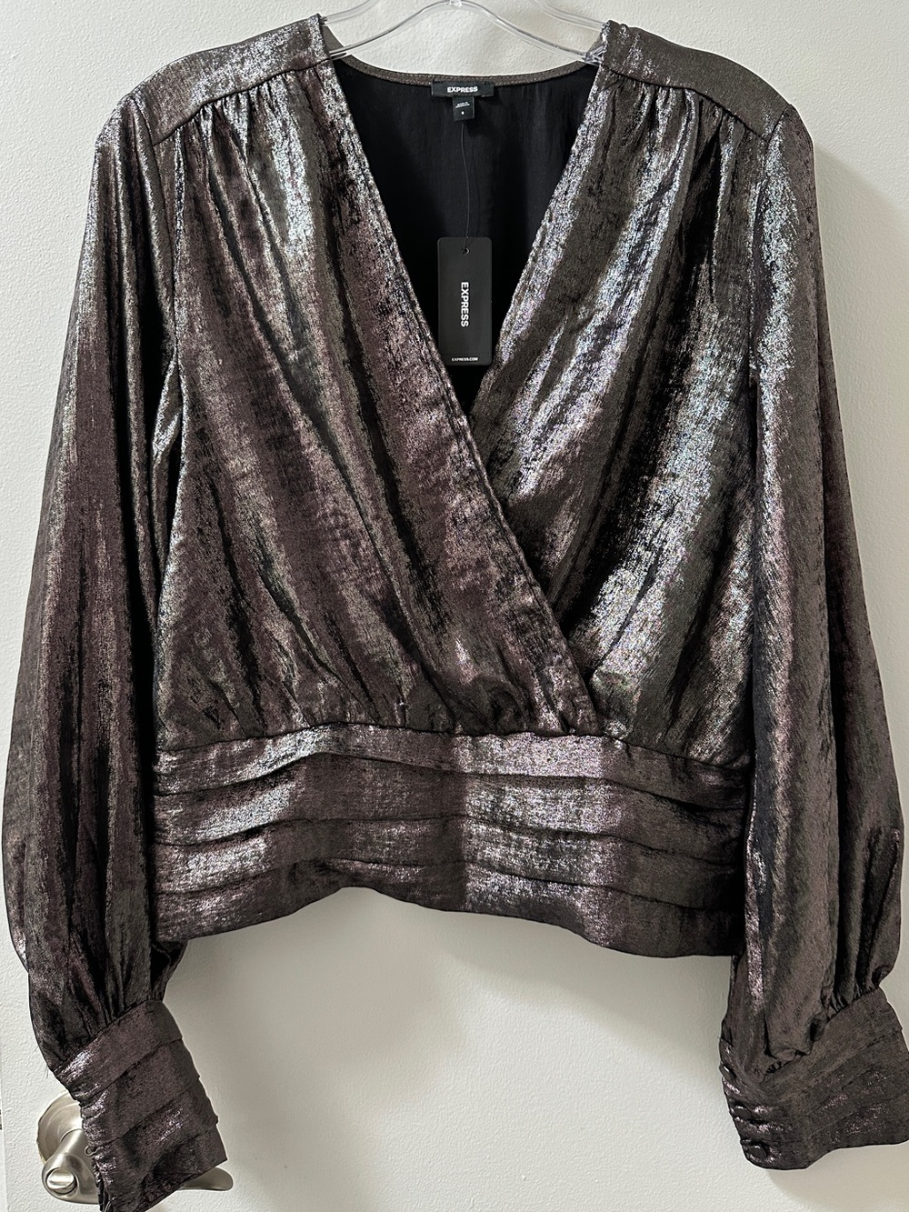 Express Metallic Dark Gray Wrap Blouse